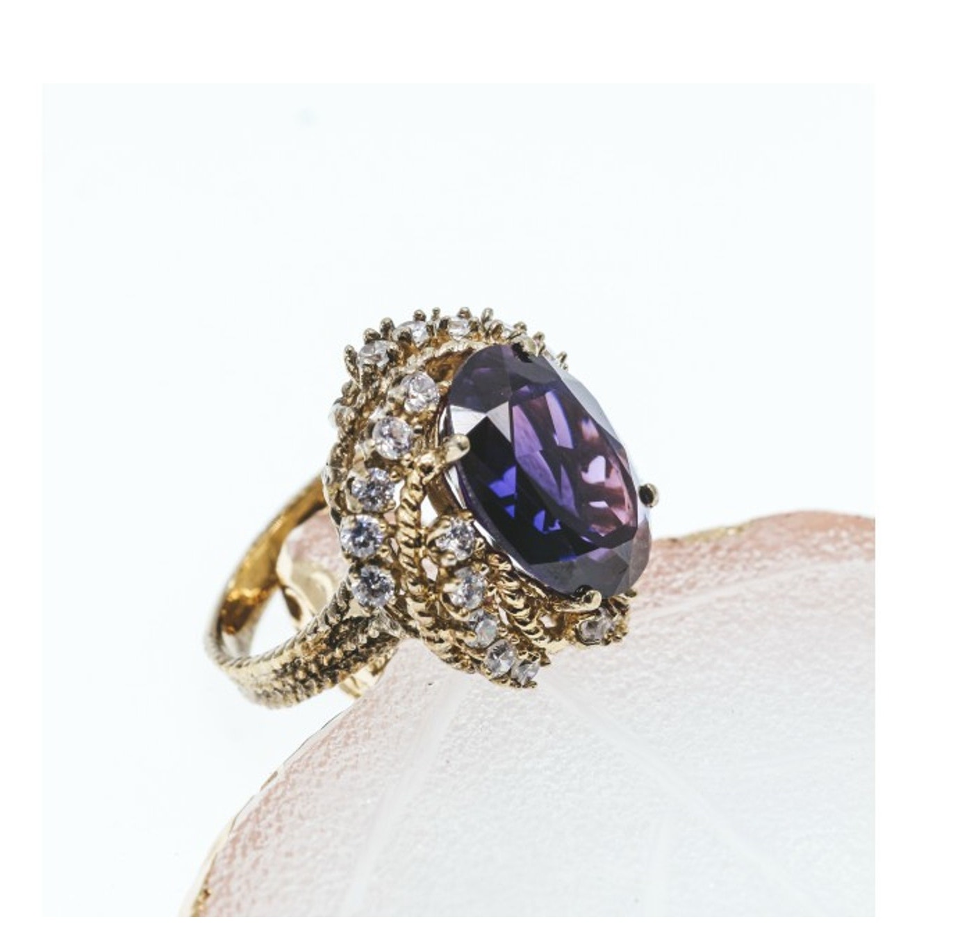 925 Sterling Silver Gold Plated Purple Spinel & Cz Ring Size 6